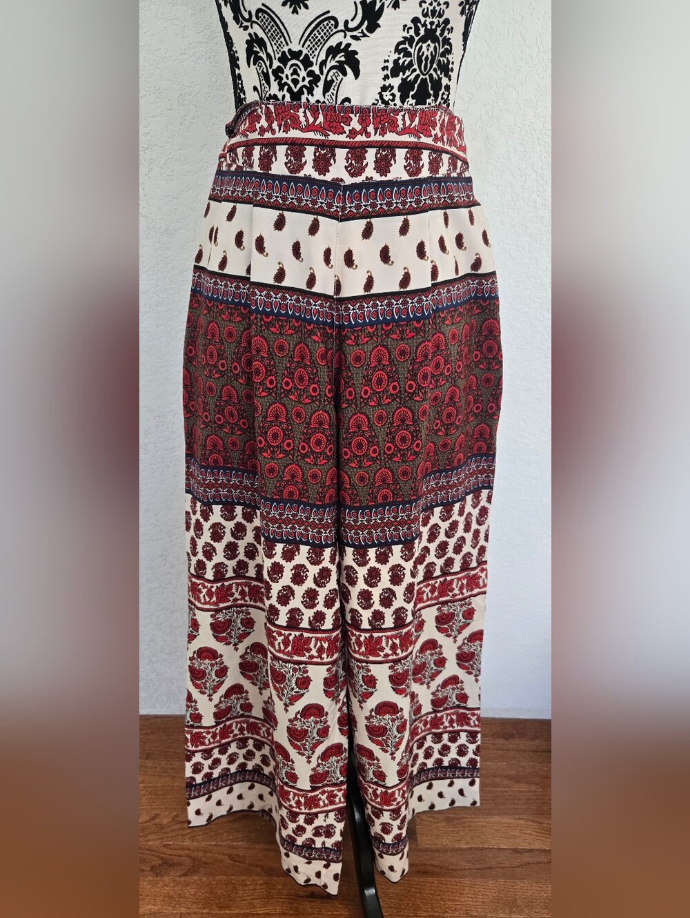 Boohoo Cream and Red Wide Leg Pants with Paisley Print